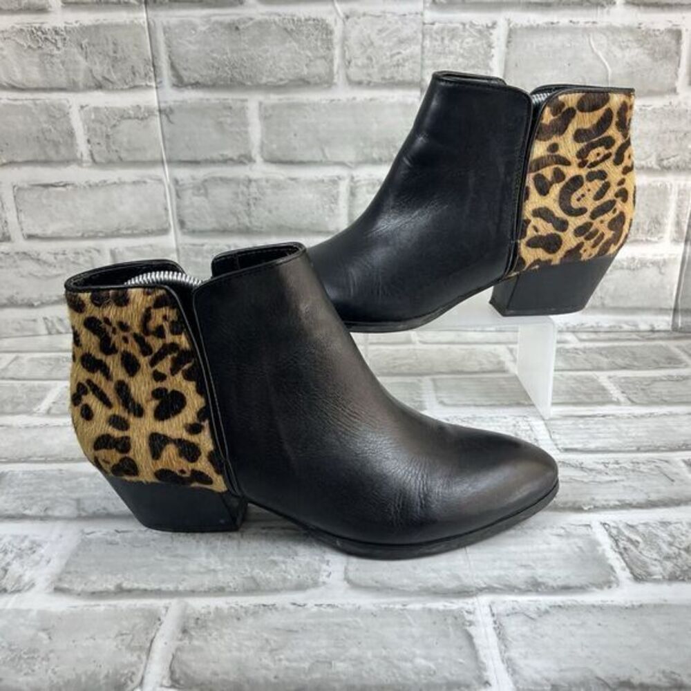 Franco Sarto Quasar Women’s Size 9 Black Leather Leopard Calf Hair Ankle Booties